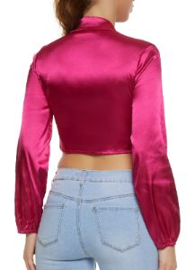 Satin Puff Sleeve Tie Front Crop Top sold by Rainbow