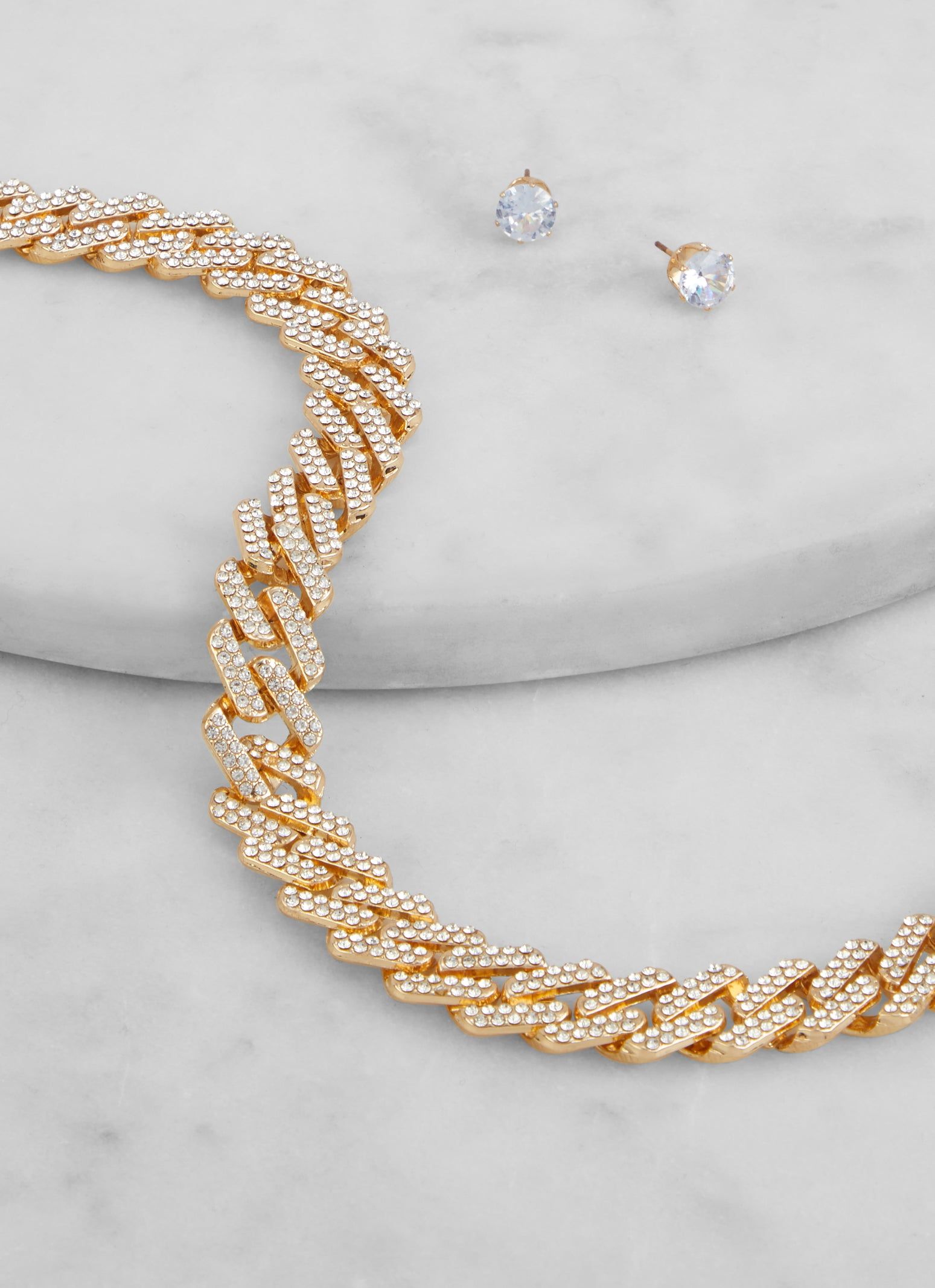 Rhinestone Cuban Link Chain Necklace and Stud Earrings sold by Rainbow product image thumbnail 2