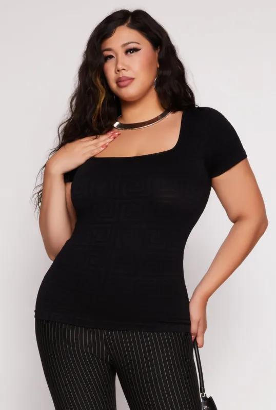 Plus Size Seamless Greek Key Square Neck Top sold by Rainbow