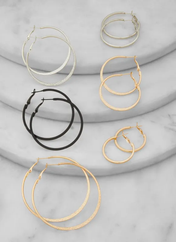 Metallic Textured Hoop Earrings Set of 6 sold by Rainbow