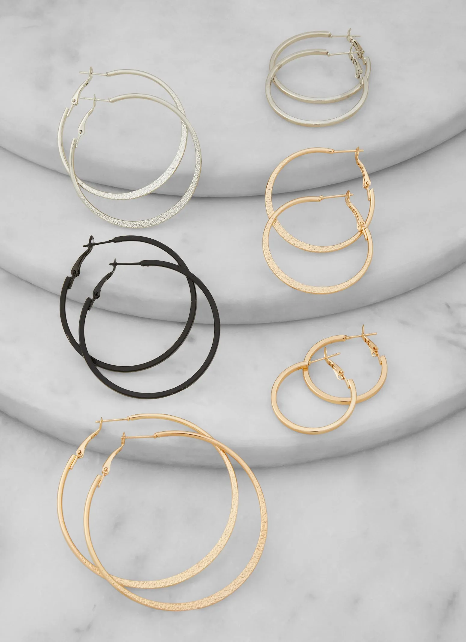 Metallic Textured Hoop Earrings Set of 6 sold by Rainbow