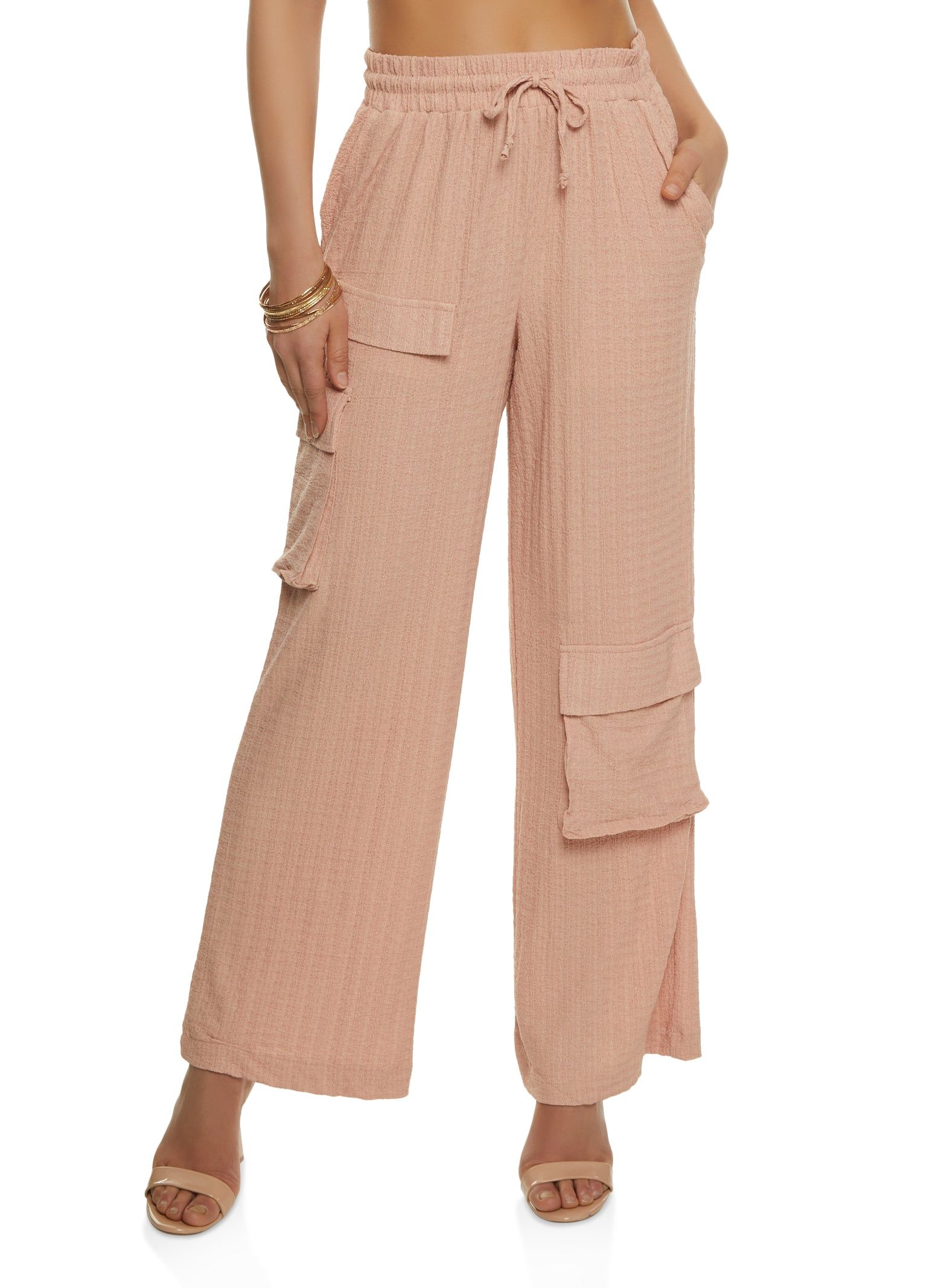 Textured Knit Drawstring Wide Leg Cargo Pants sold by Rainbow