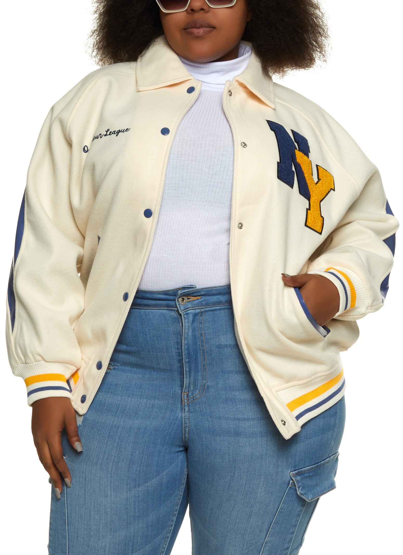 Plus Size NY Chenille Patch Collared Varsity Bomber Jacket sold by Rainbow