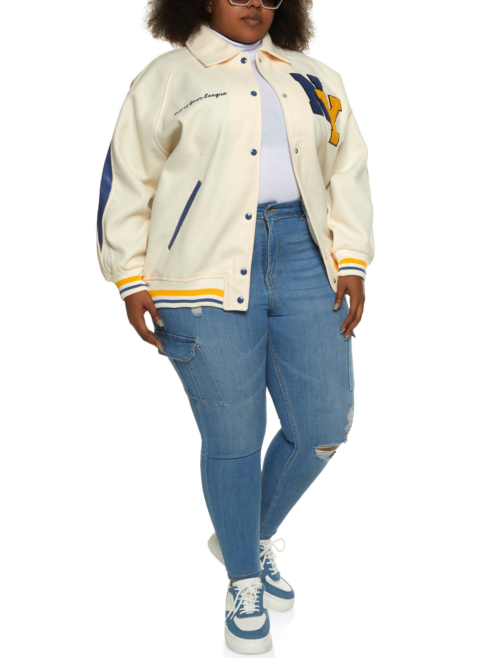 Plus Size NY Chenille Patch Collared Varsity Bomber Jacket sold by Rainbow product image thumbnail 2