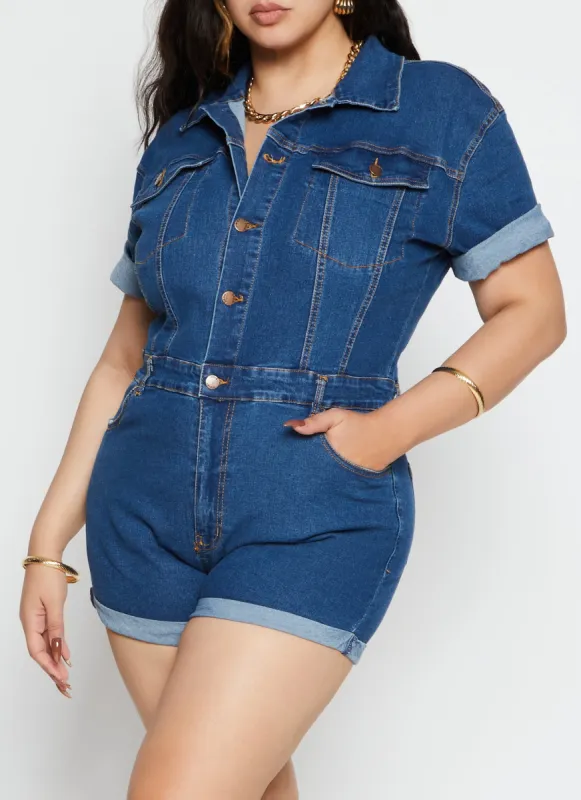 Plus Size Daisy Short Sleeve Denim Romper sold by Rainbow