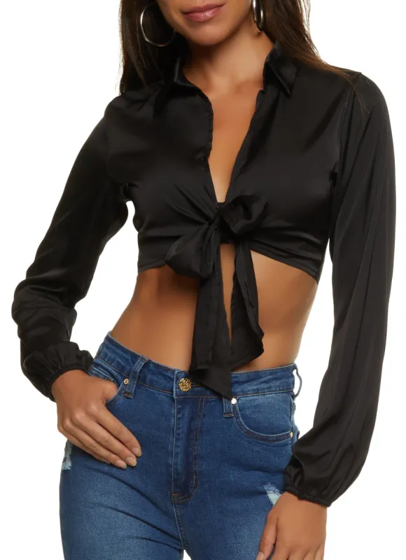Satin Tie Front Cropped Blouse sold by Rainbow