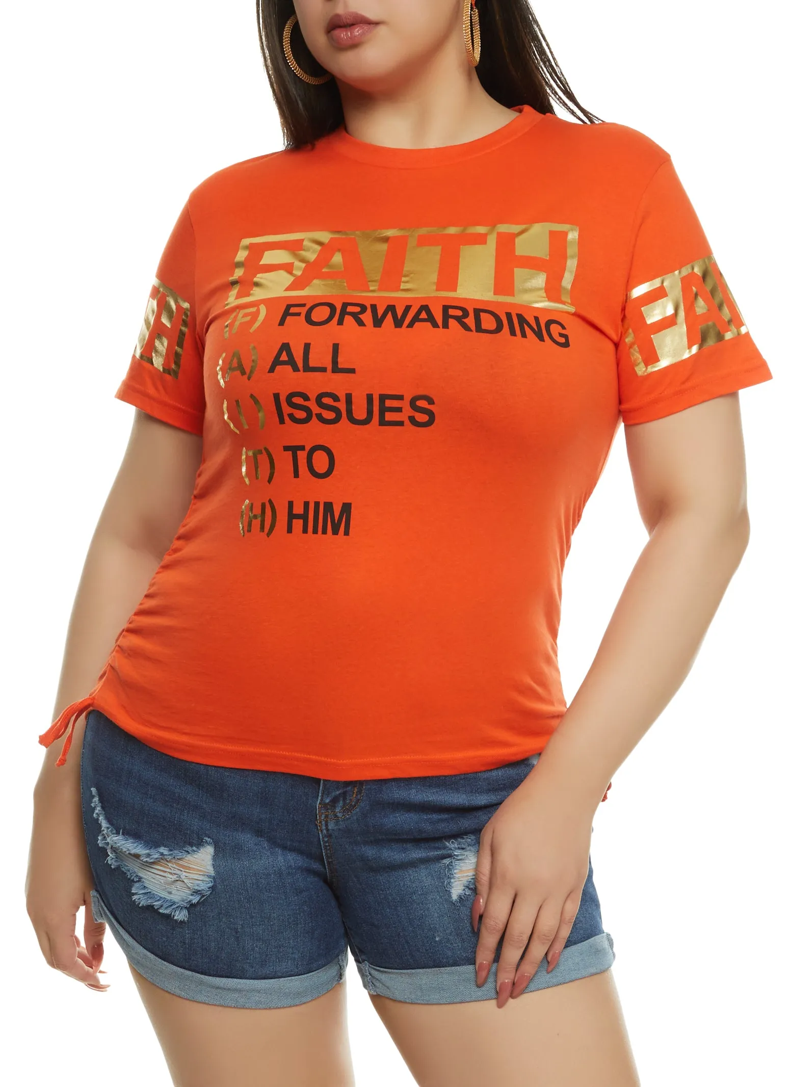 Plus Size Ruched Side Faith Foil Graphic Tee sold by Rainbow
