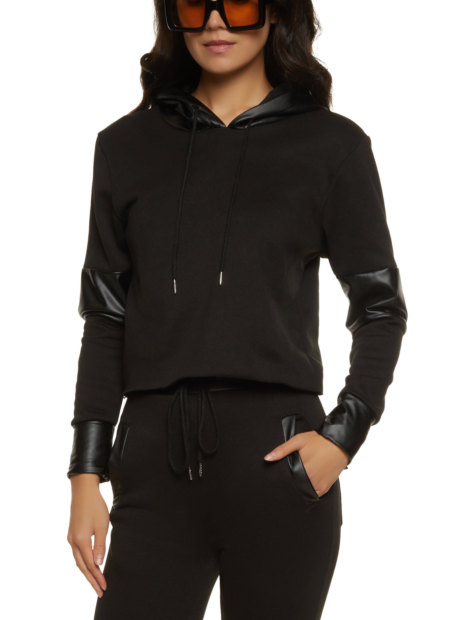 Color Block Faux Leather Detail Hoodie sold by Rainbow