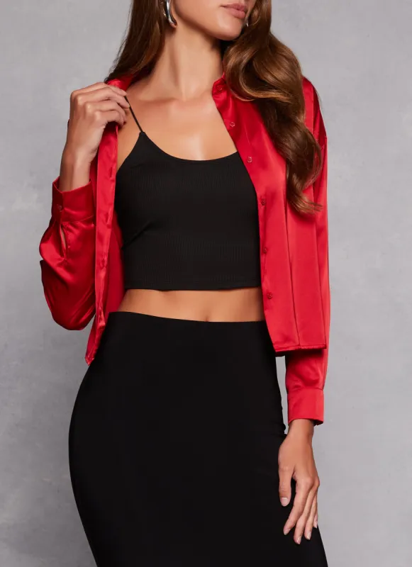 Satin Button Front Cropped Blouse sold by Rainbow