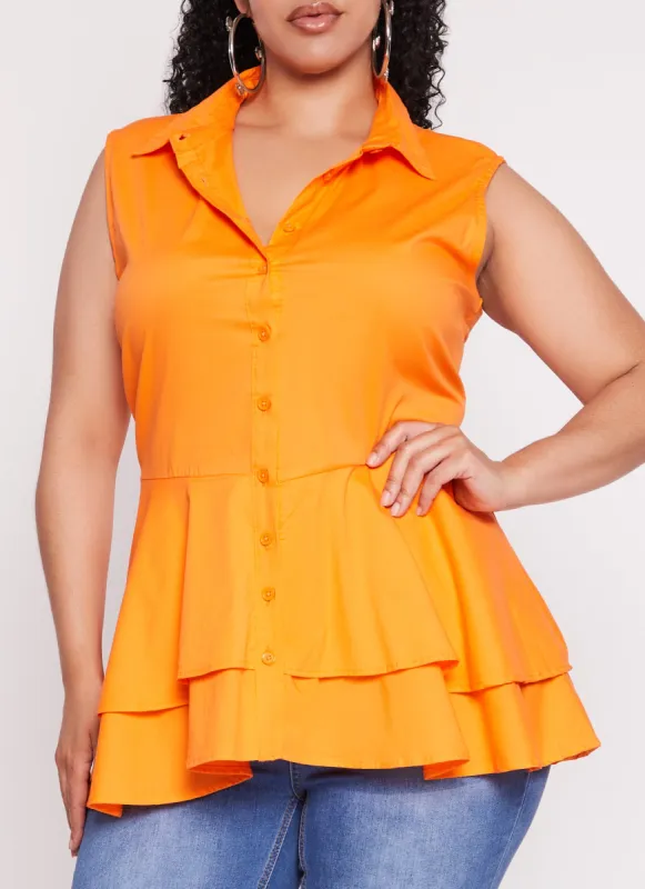 Plus Size Sleeveless Tiered Button Front Shirt sold by Rainbow