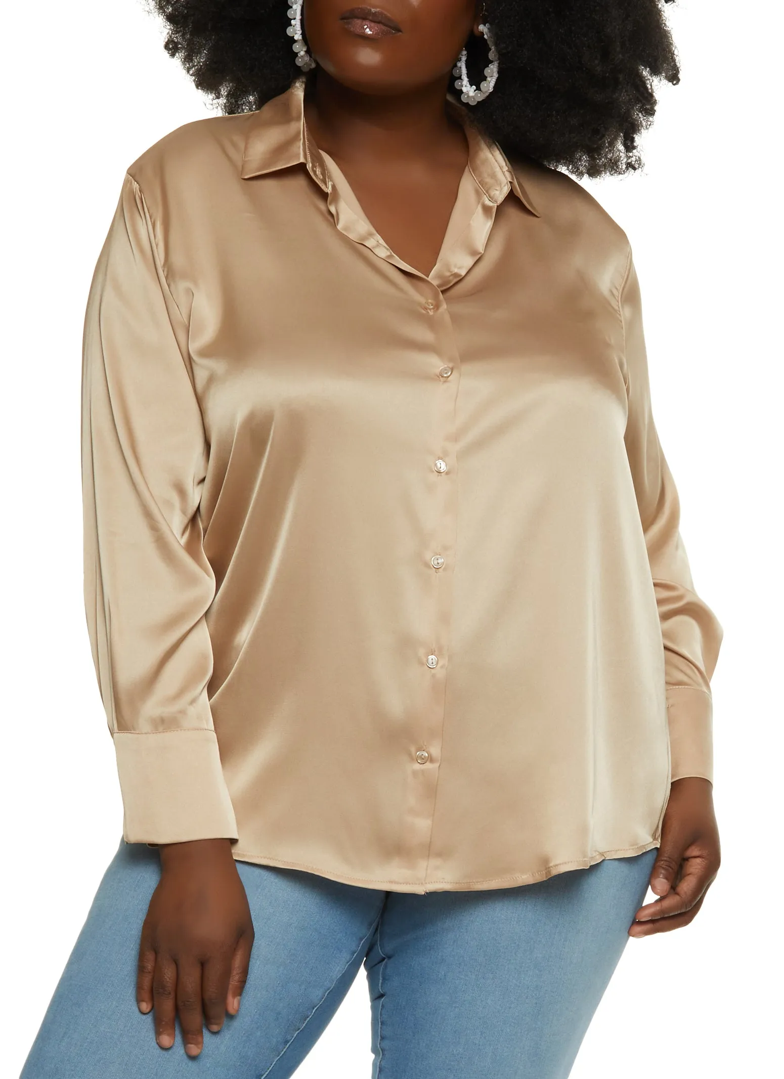 Plus Size Satin Solid Button Down Shirt sold by Rainbow