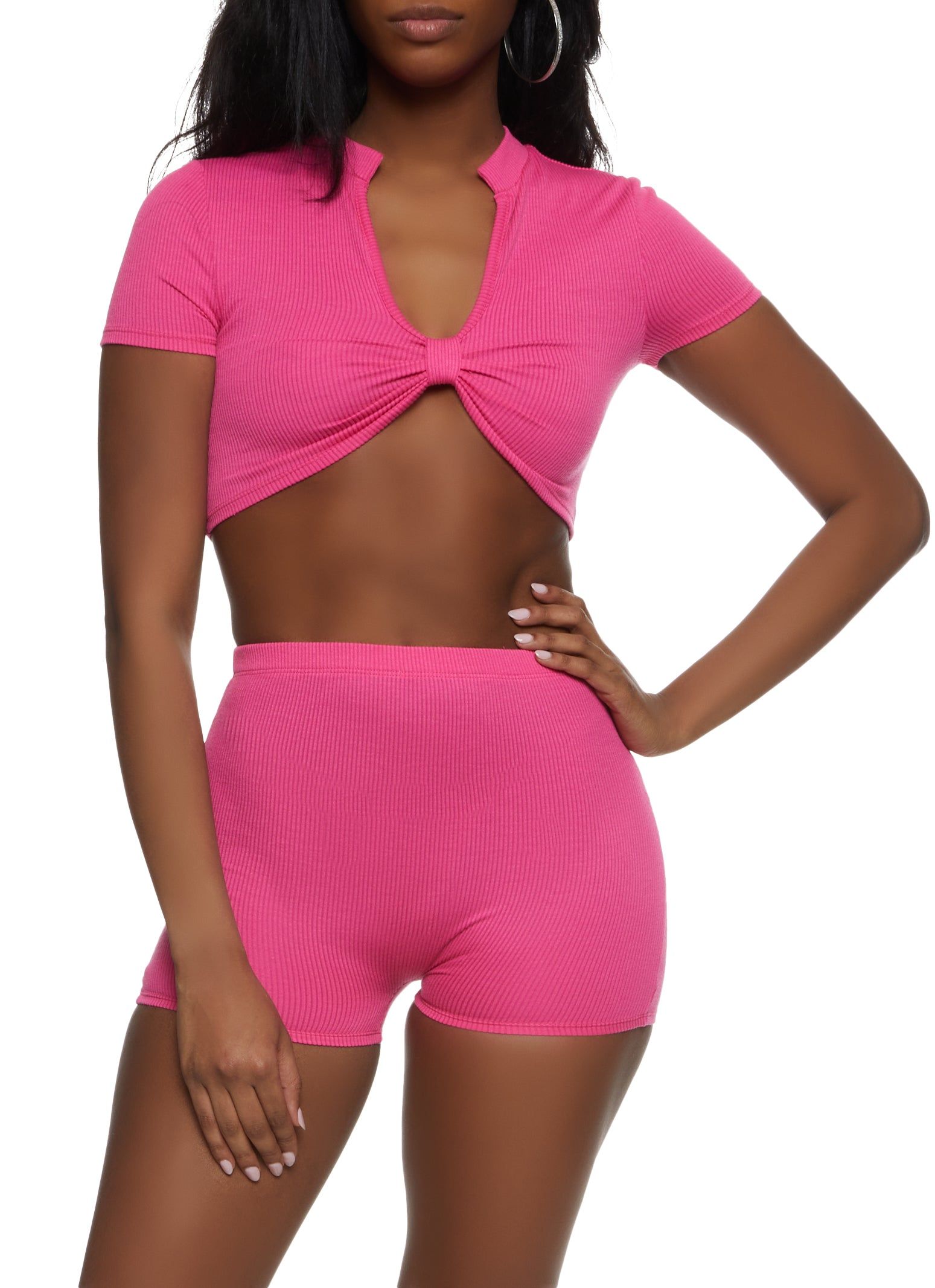Ribbed Knot Front Crop Top and Shorts Set sold by Rainbow