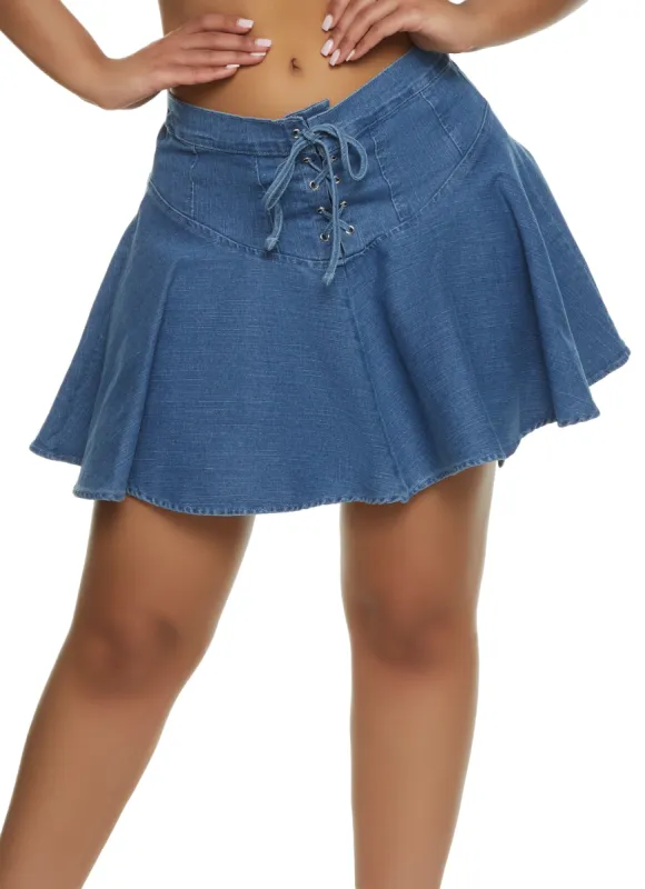 Denim Lace Up Flare Skirt sold by Rainbow
