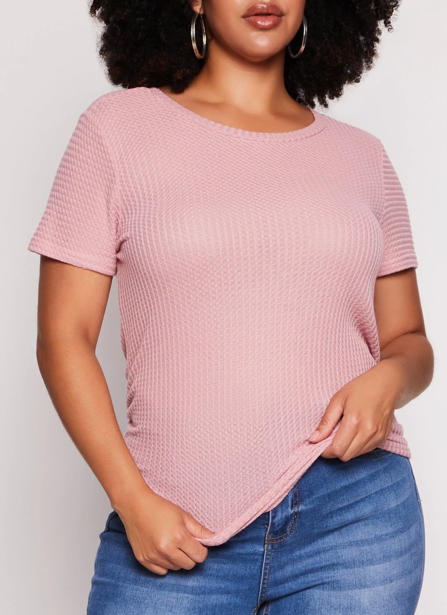 Plus Size Waffle Knit Crew Neck Ruched Tee sold by Rainbow