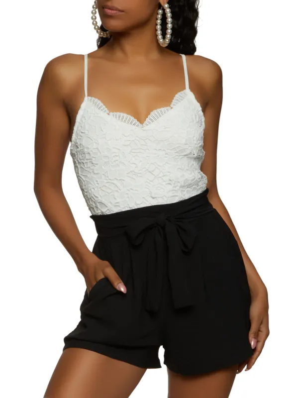 Lace Color Block Tie Waist Romper sold by Rainbow