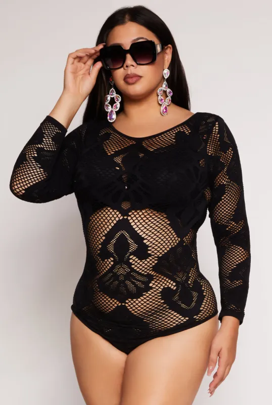 Plus Size Seamless Lace Long Sleeve Bodysuit sold by Rainbow