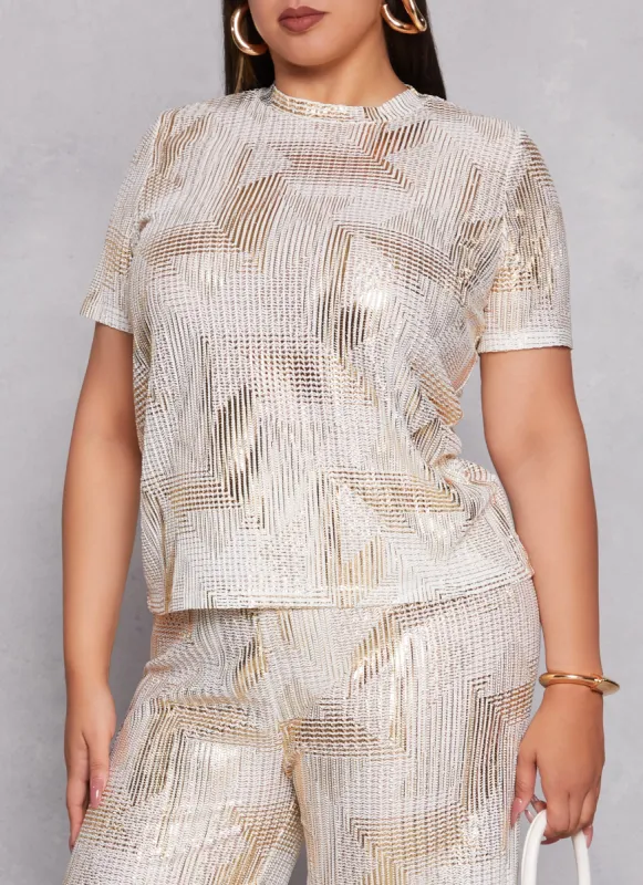 Plus Size Printed Foil Screen Short Sleeve Top sold by Rainbow
