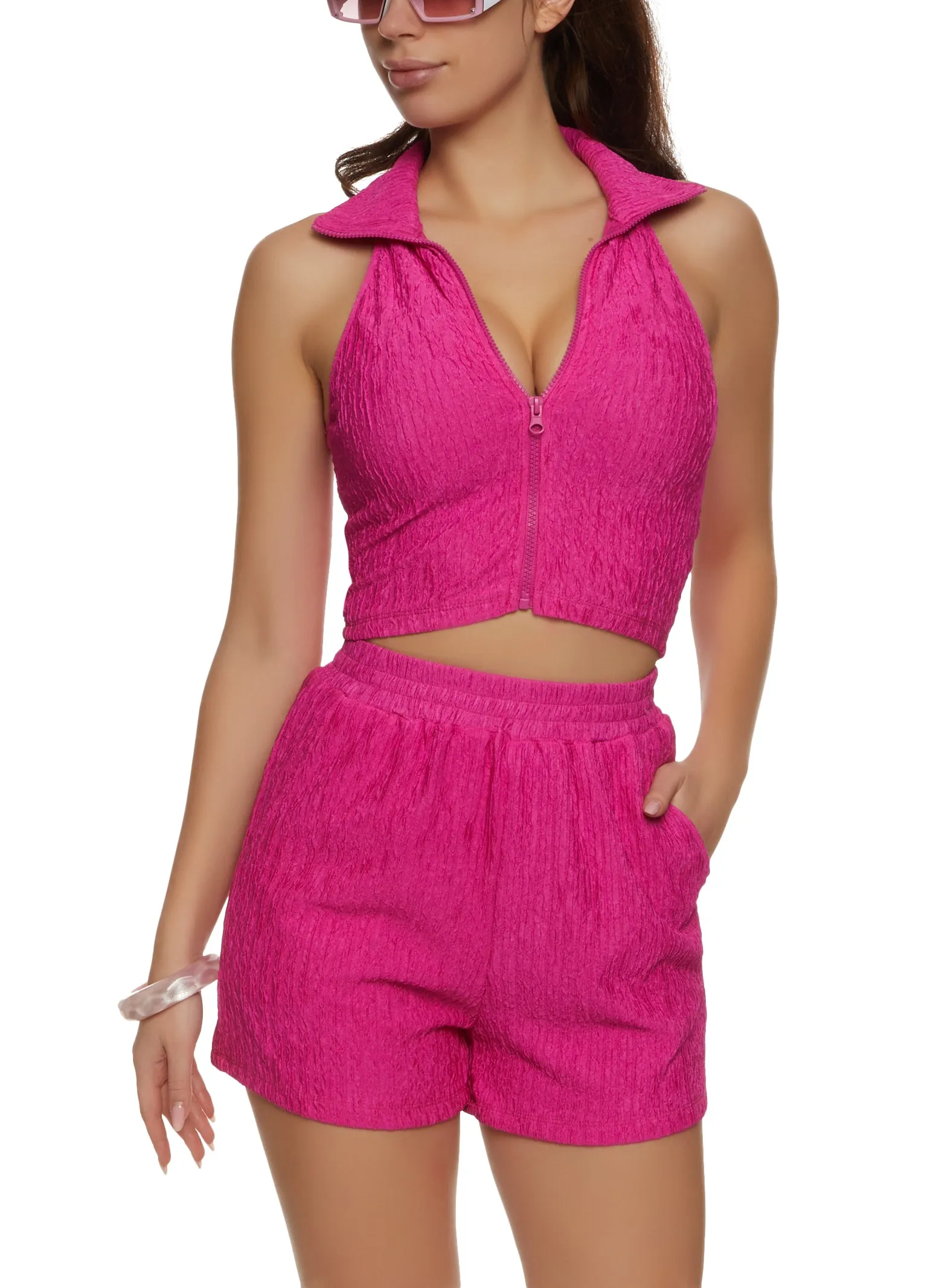 Textured Knit Zip Front Crop Top sold by Rainbow product image thumbnail 2