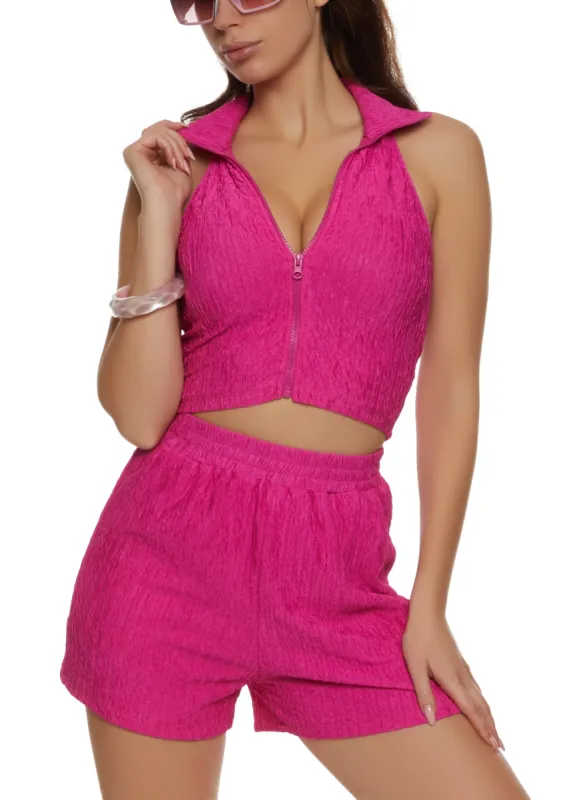 Textured Knit Zip Front Crop Top sold by Rainbow