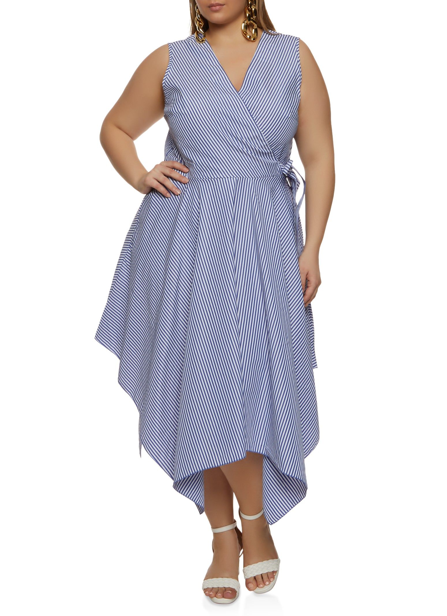 Plus Size Striped Sleeveless Faux Wrap Dress sold by Rainbow