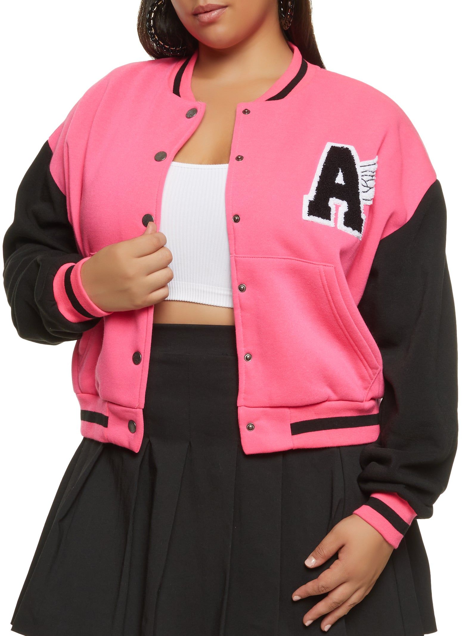 Plus Size A Initial Chenille Patch Varsity Jacket sold by Rainbow