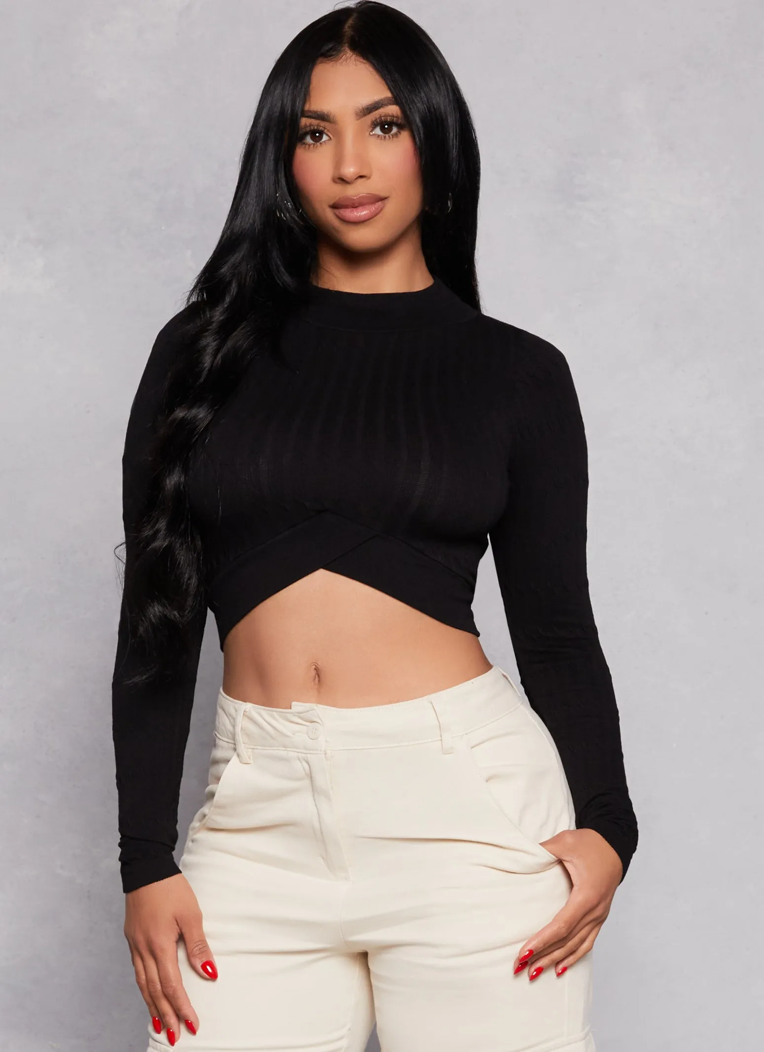 Seamless Cable Knit Mock Neck Crop Top sold by Rainbow