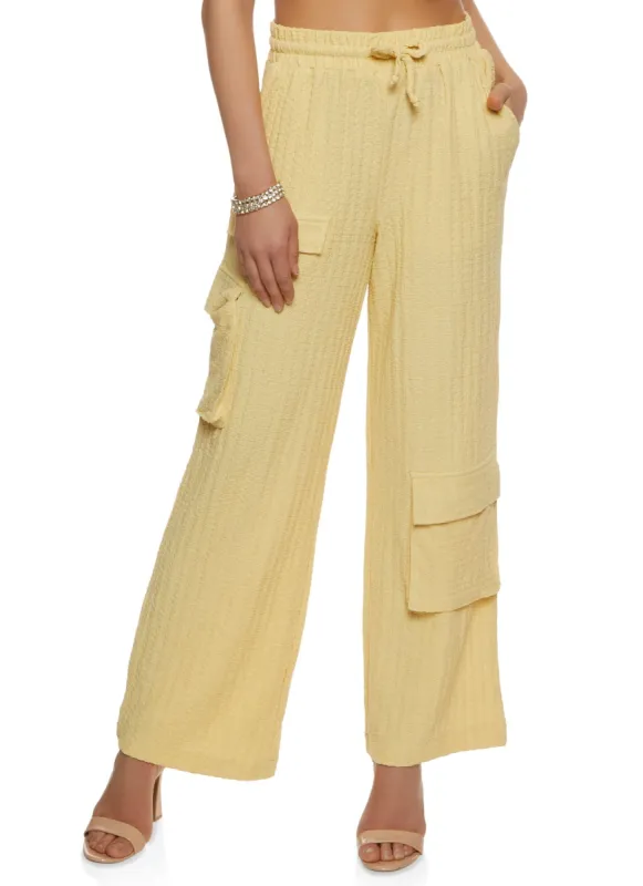 Textured Knit Drawstring Wide Leg Cargo Pants sold by Rainbow
