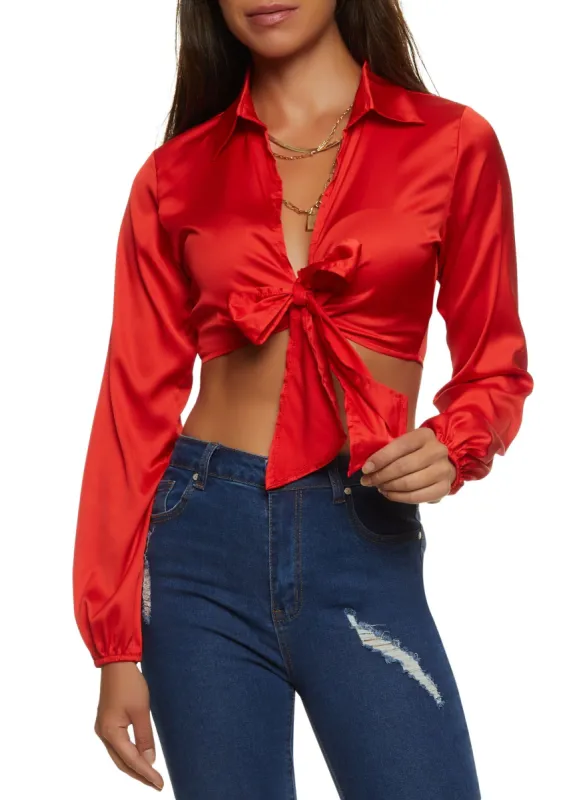 Satin Tie Front Cropped Blouse sold by Rainbow