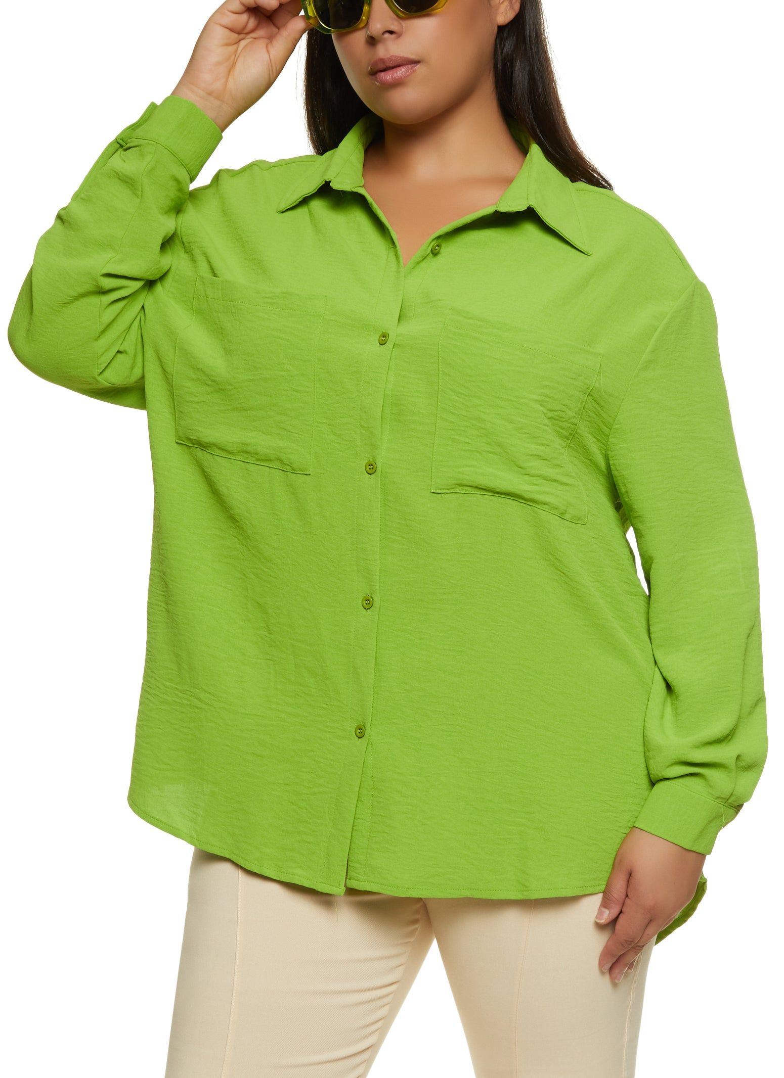 Plus Size Airy Pocket Button Front Shirt sold by Rainbow