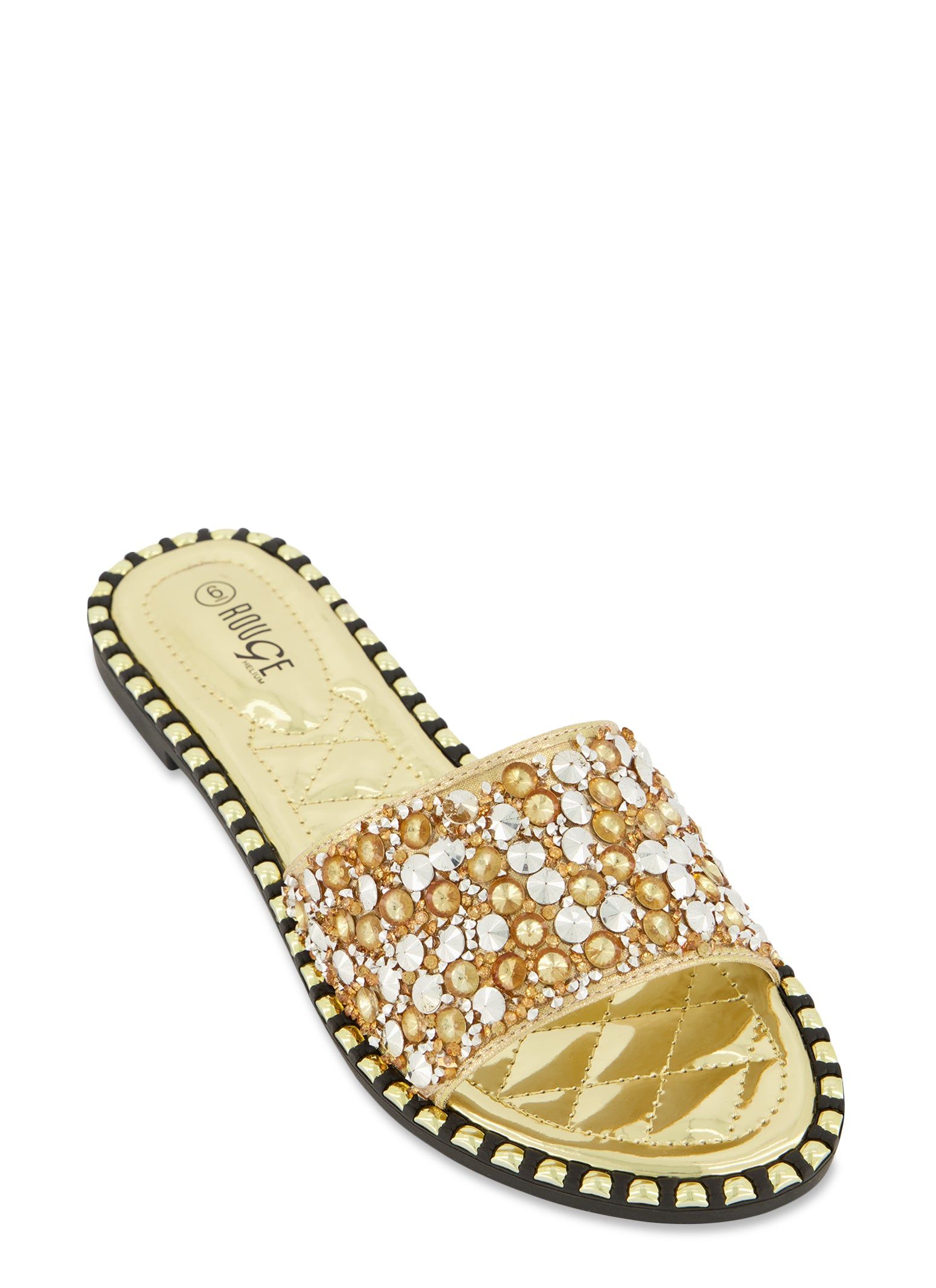 Metallic Studded Trim Rhinestone Band Slide Sandals sold by Rainbow