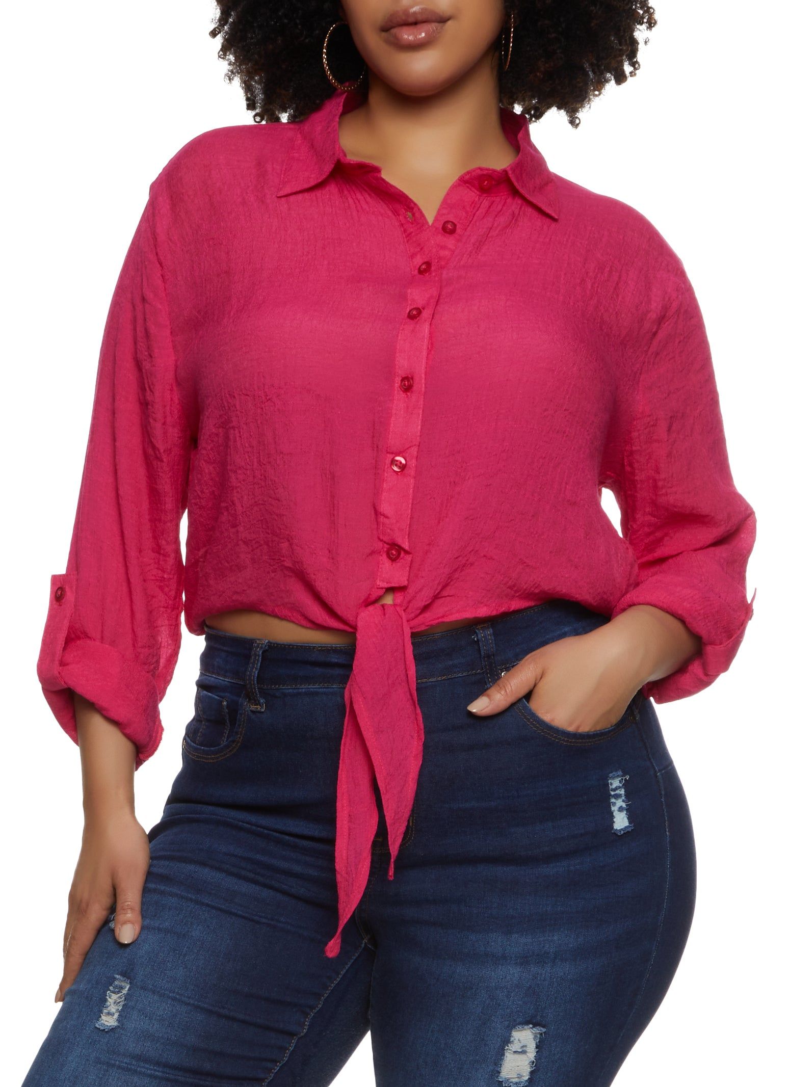 Plus Size Gauze Knit Tie Front Cropped Shirt sold by Rainbow