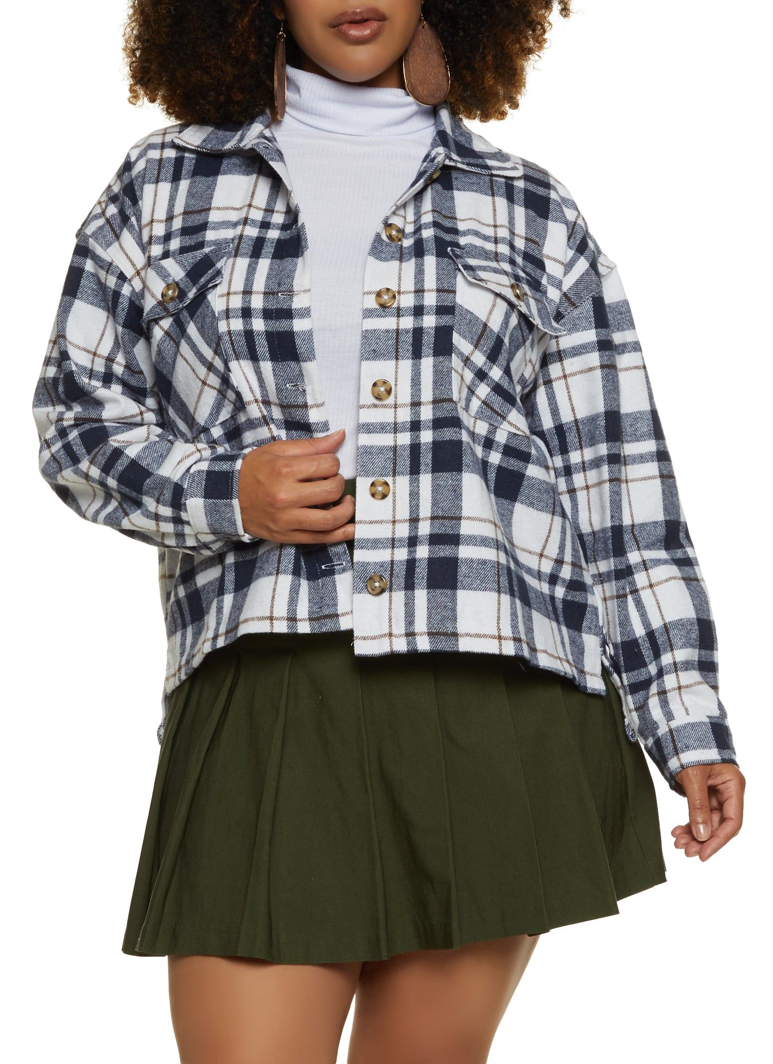 Plus Size Plaid Brushed Knit Cropped Shacket sold by Rainbow