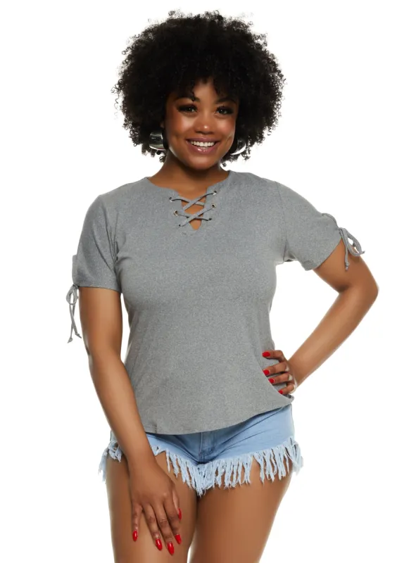 Plus Size Lace Up Notch Neck Tie Sleeve Tee sold by Rainbow