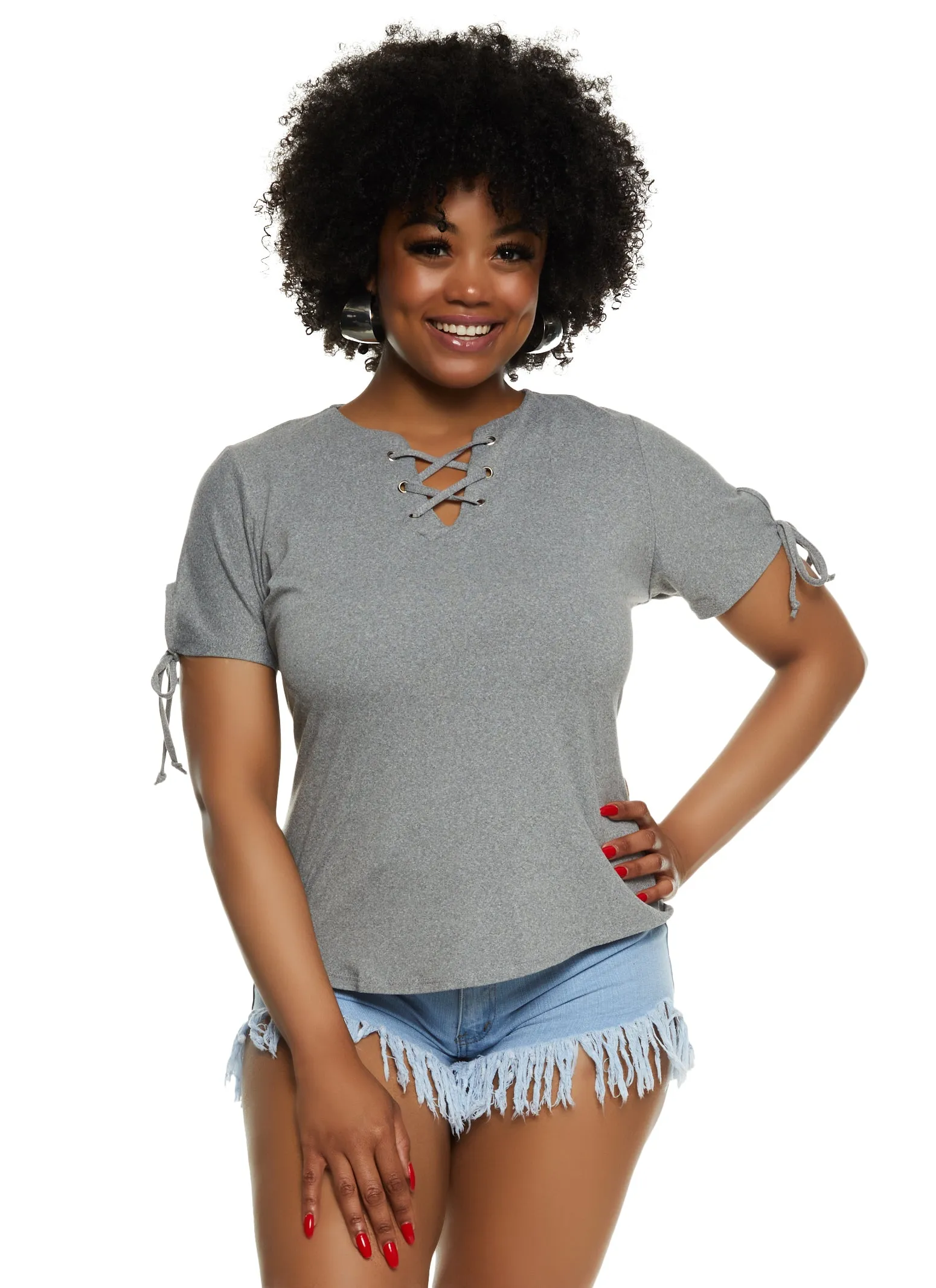 Plus Size Lace Up Notch Neck Tie Sleeve Tee sold by Rainbow