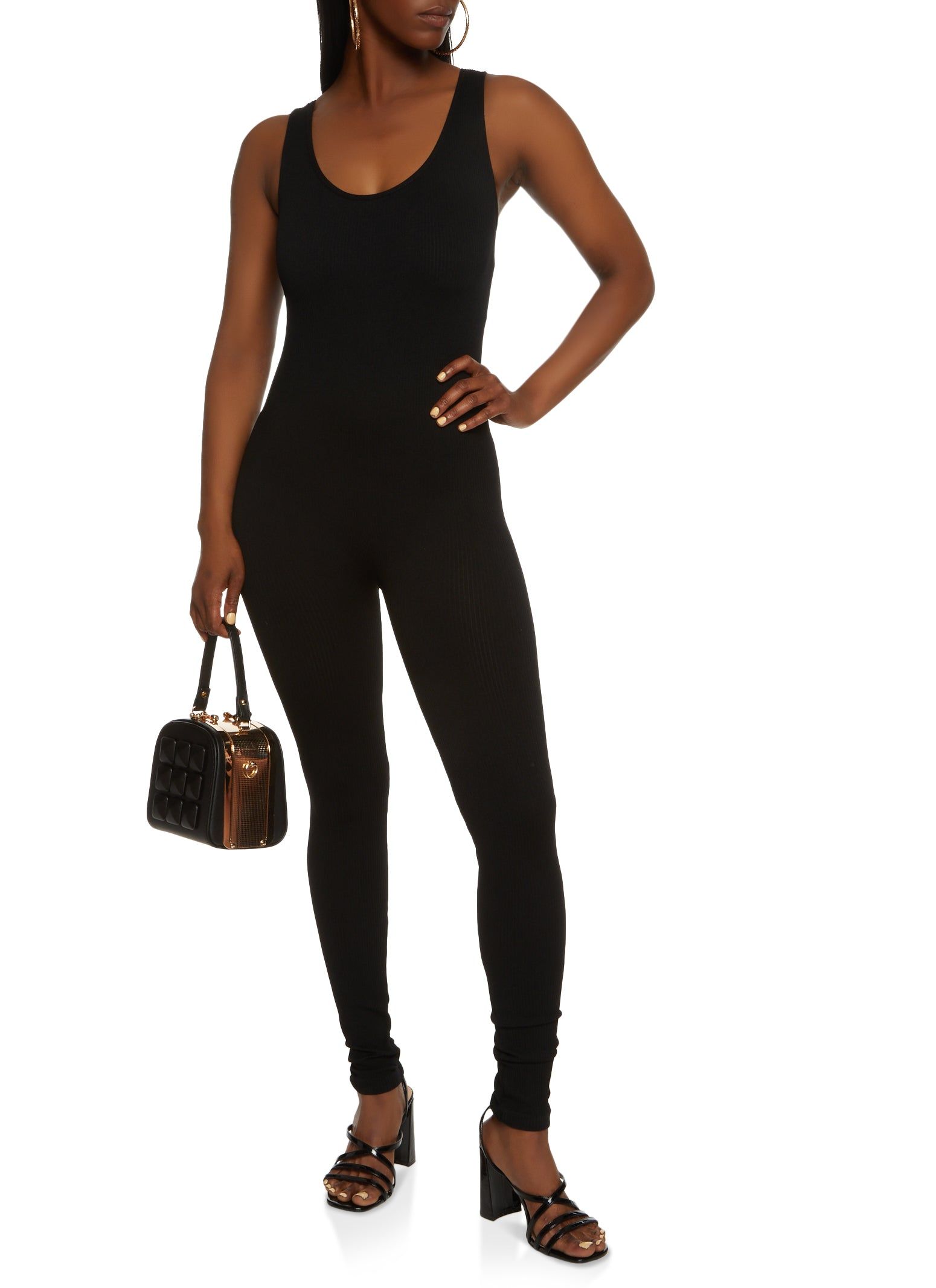 Solid Ribbed Knit Sleeveless Scoop Neck Catsuit sold by Rainbow