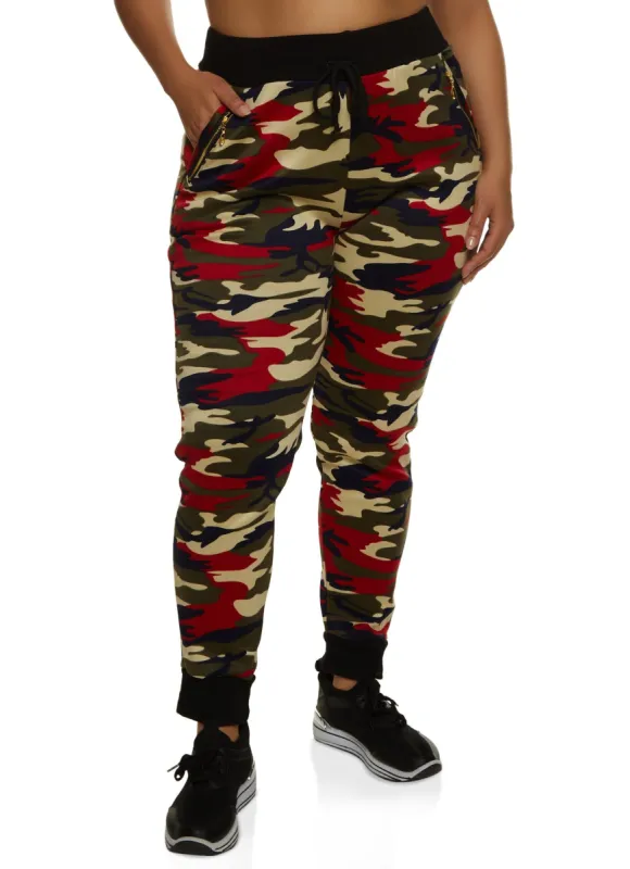 Plus Size Camo Faux Fur Lined Zip Pocket Joggers sold by Rainbow