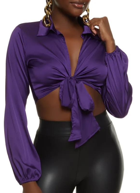 Satin Tie Front Cropped Blouse sold by Rainbow