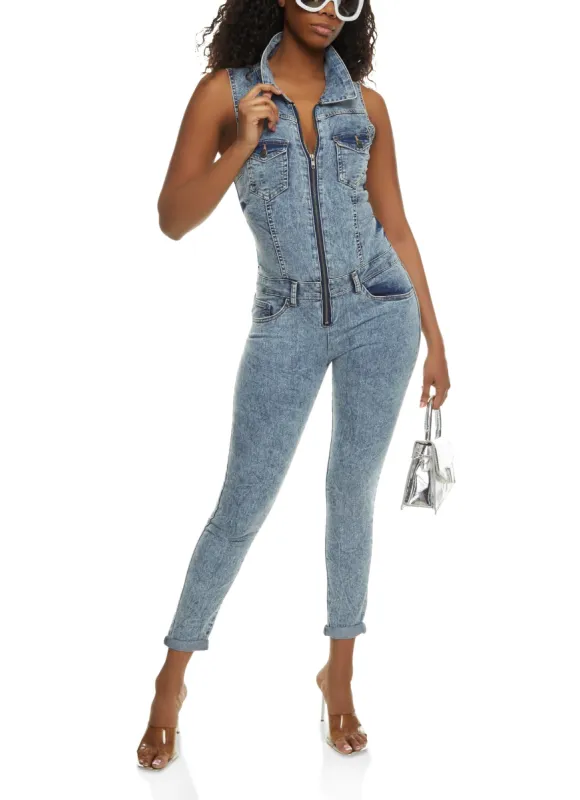 VIP Acid Wash Zip Front Sleeveless Denim Jumpsuit sold by Rainbow