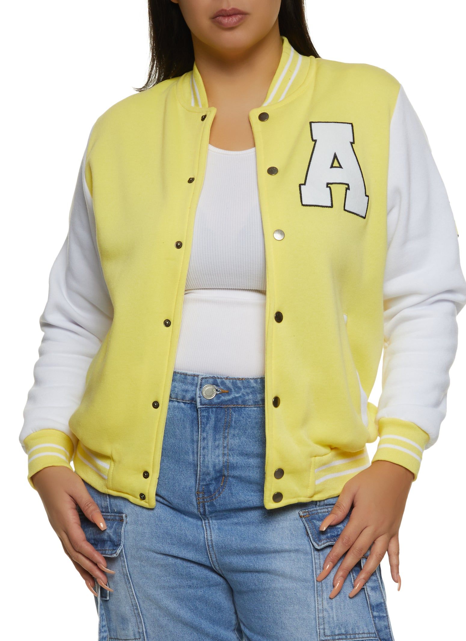 Plus Size Fleece Graphic Patch Baseball Jacket sold by Rainbow