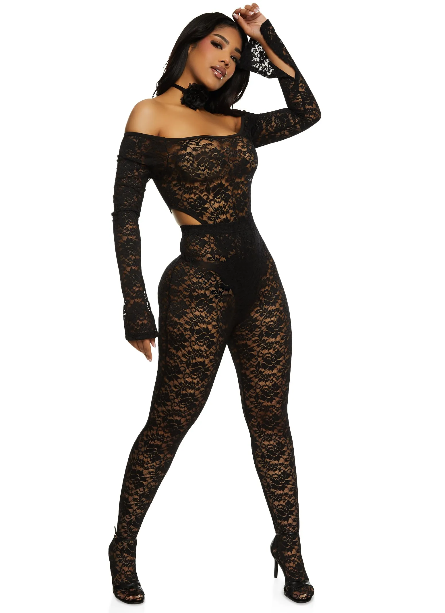 Floral Lace Off the Shoulder Bodysuit and Leggings sold by Rainbow