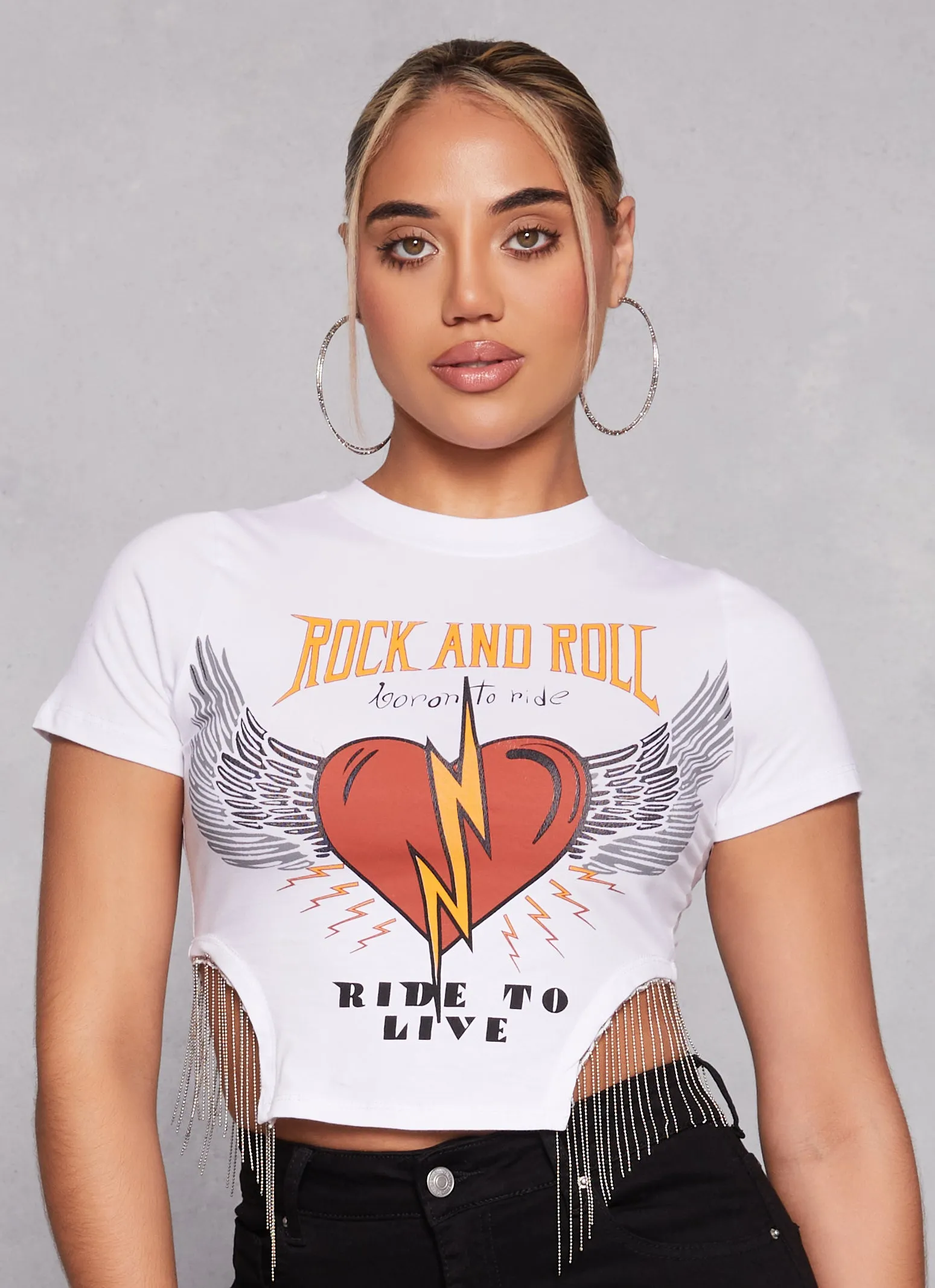 Rock and Roll Fringe Hem Graphic Tee sold by Rainbow
