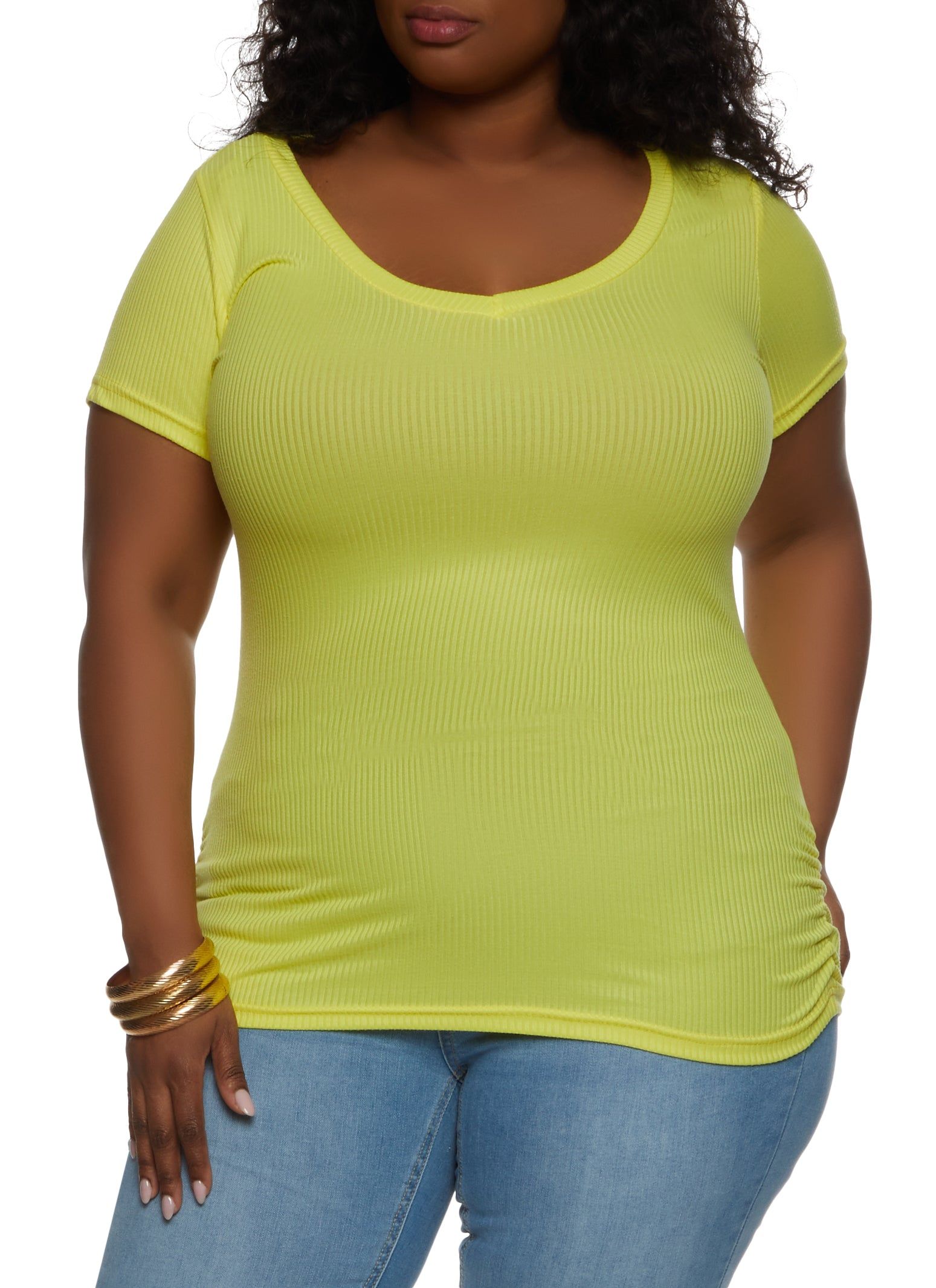 Plus Size Rib Knit Ruched Side V Neck Tee sold by Rainbow