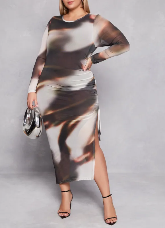 Plus Size Almost Famous Mesh Printed Side Slit Dress sold by Rainbow