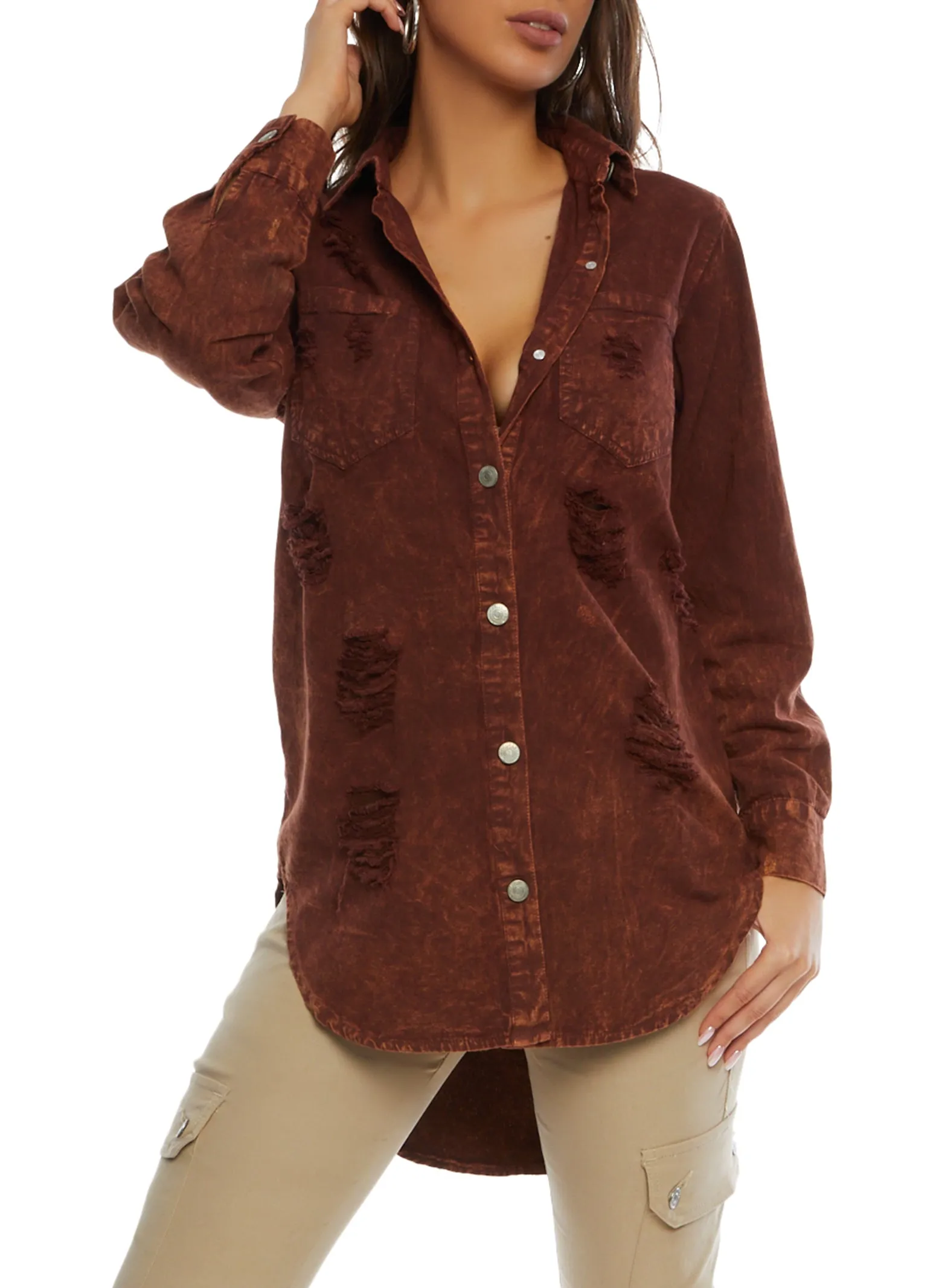 Acid Wash Distressed High Low Shirt sold by Rainbow