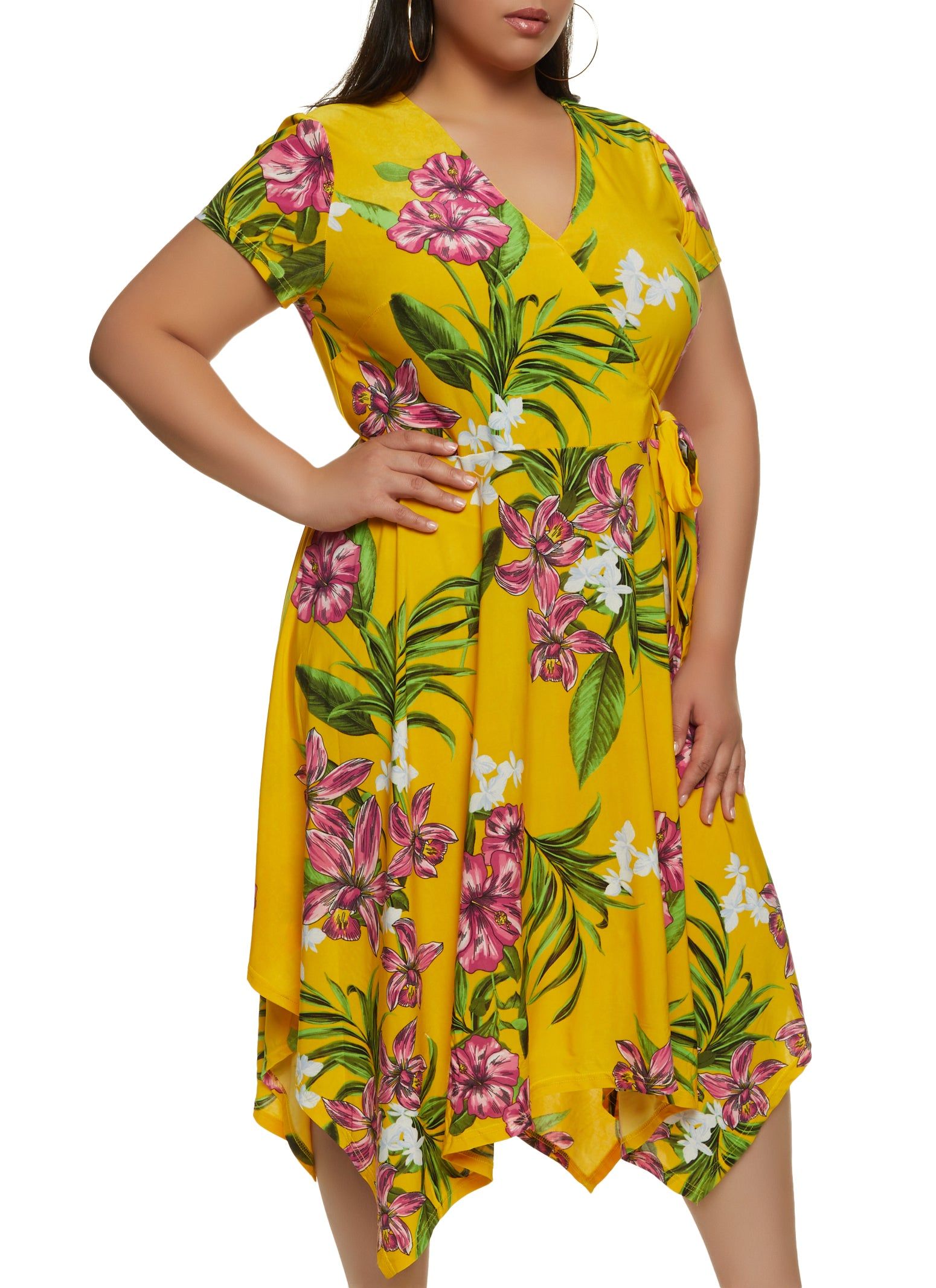 Plus Size Tropical Print Tie Waist Wrap Dress sold by Rainbow