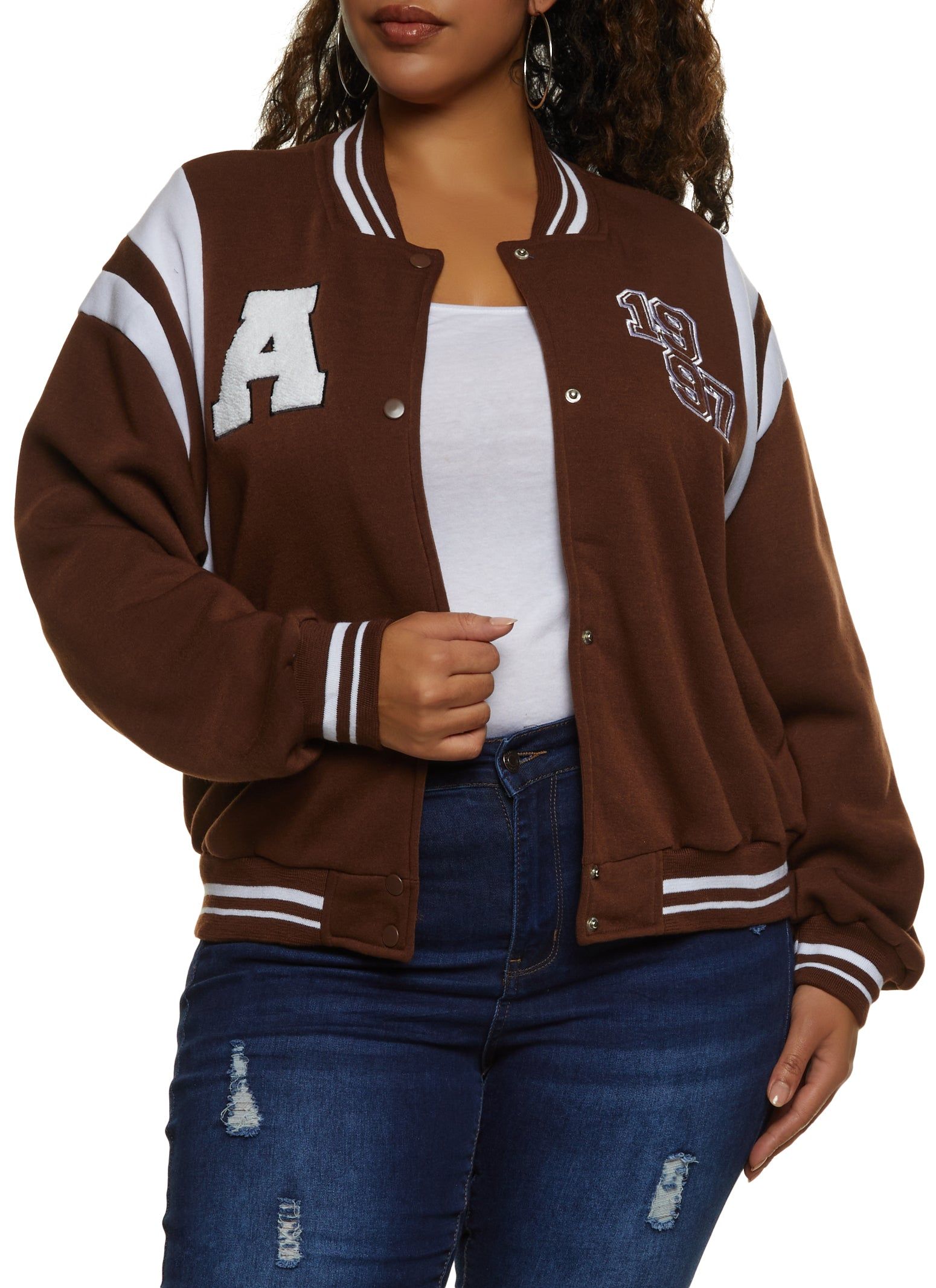 Plus Size Chenille Patch Letterman Jacket sold by Rainbow