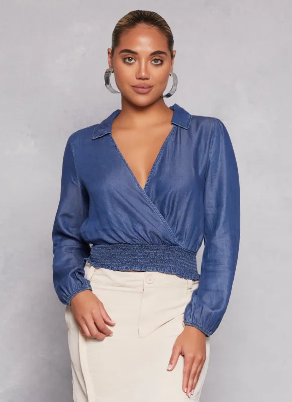 Chambray Faux Wrap Crop Top sold by Rainbow