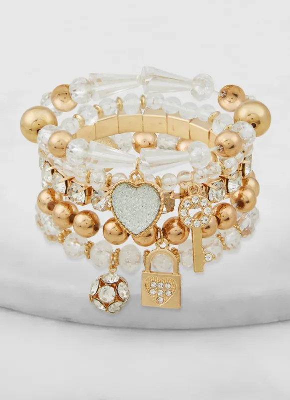 Set of 5 Assorted Heart Lock Beaded Stretch Bracelets sold by Rainbow