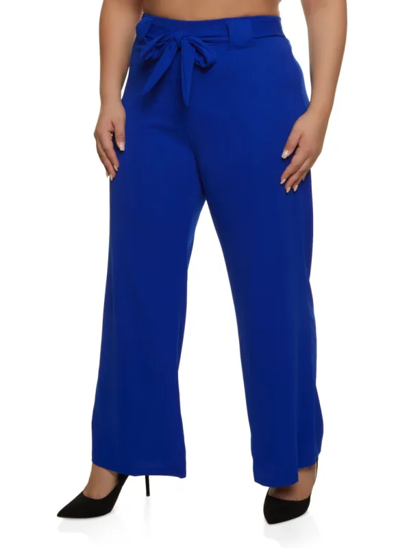 Plus Size Crepe Knit Belted Wide Leg Pants sold by Rainbow