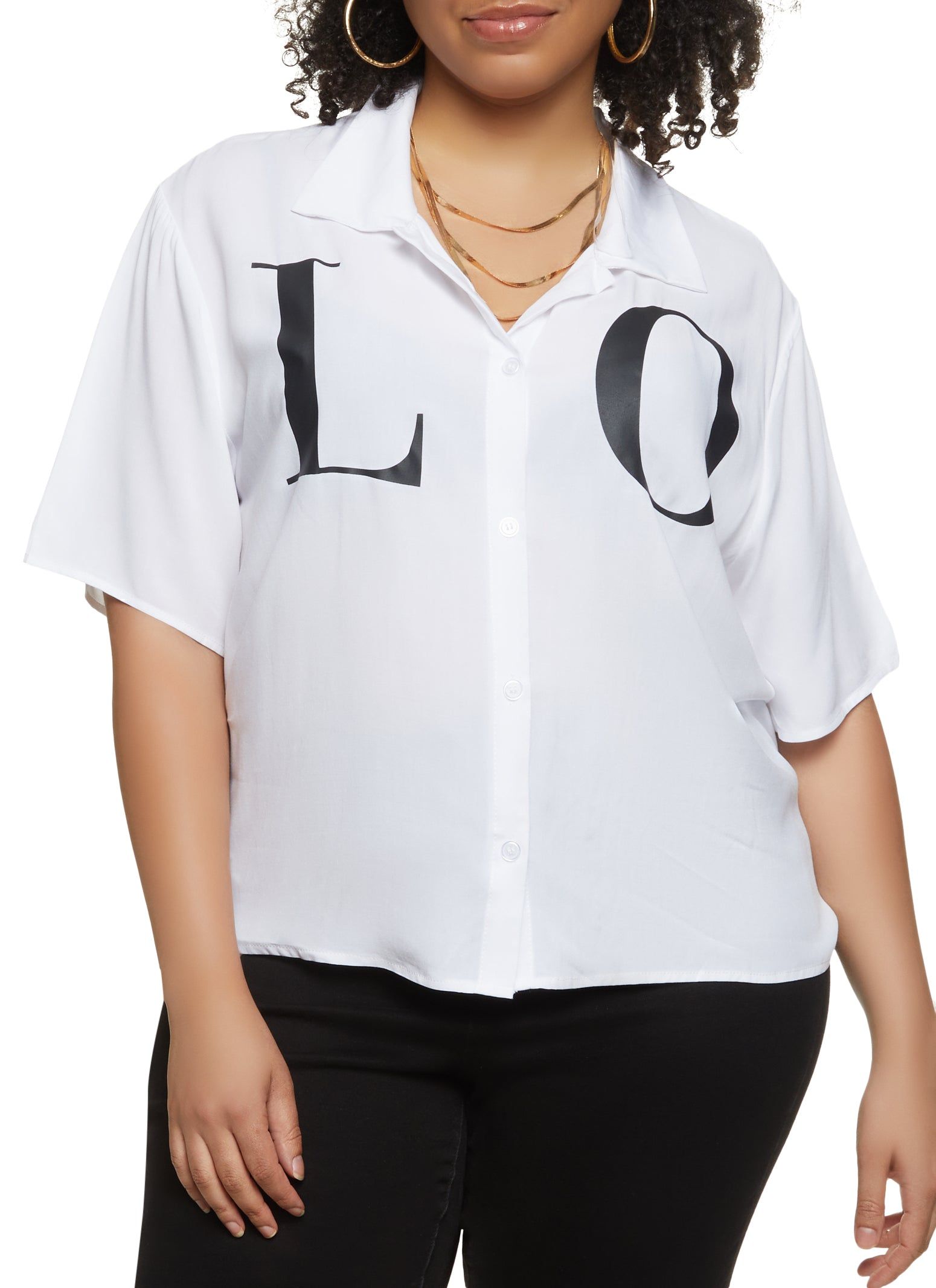 Plus Size Love Button Front Shirt sold by Rainbow